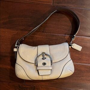 Coach Hobo Beige Leather Shoulder Bag with Silver Buckle Detailing